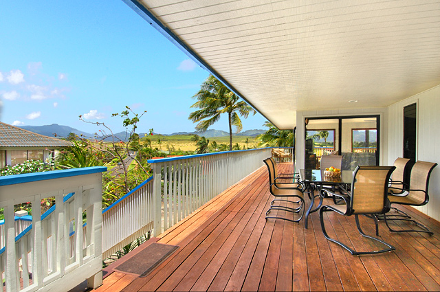 Patio area at kauai vacation rental home at poipu beach, see beautiful mountian ranges