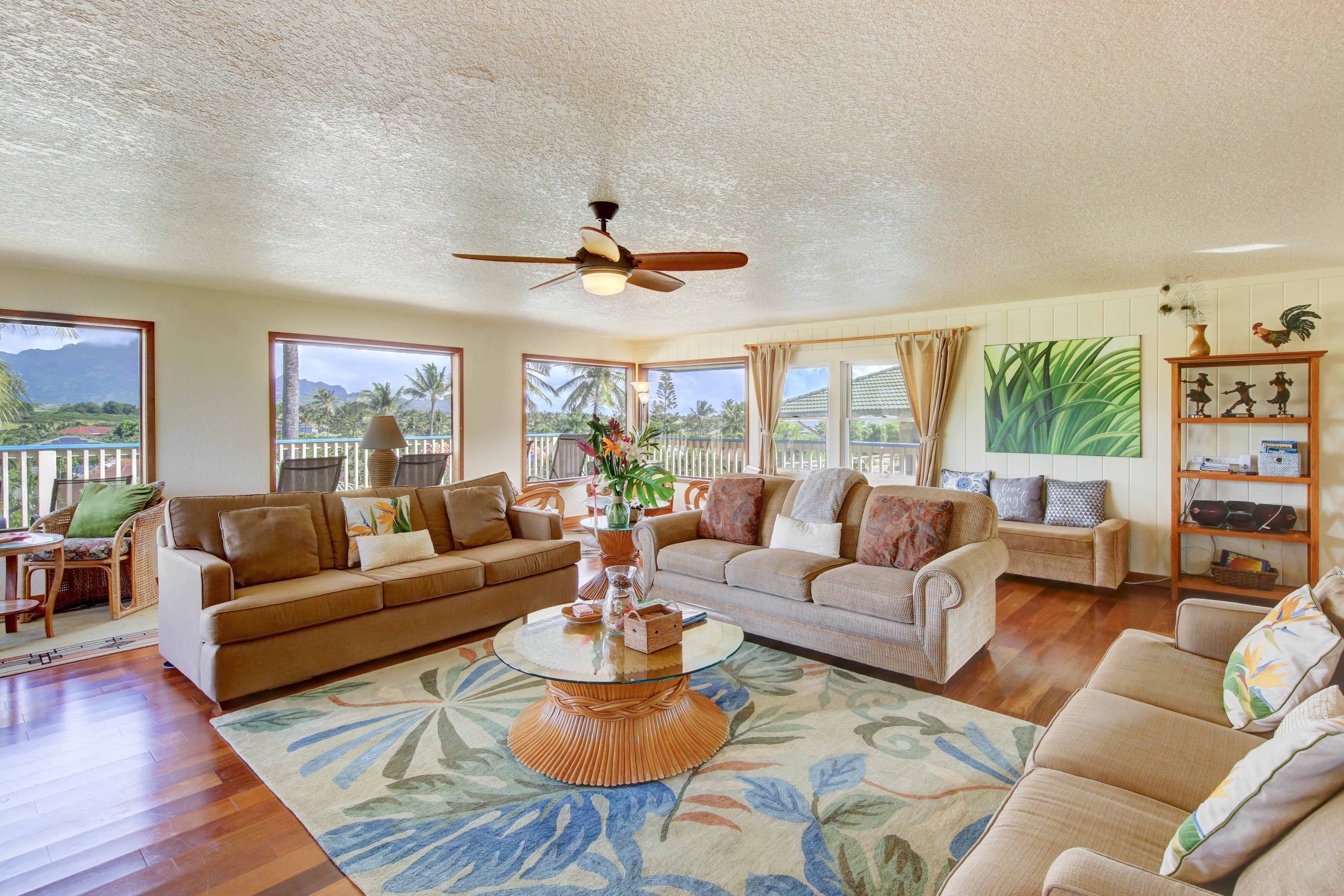 See Haupu mountain, partial golf course, Ocean views from living room of our kauai vacation rental