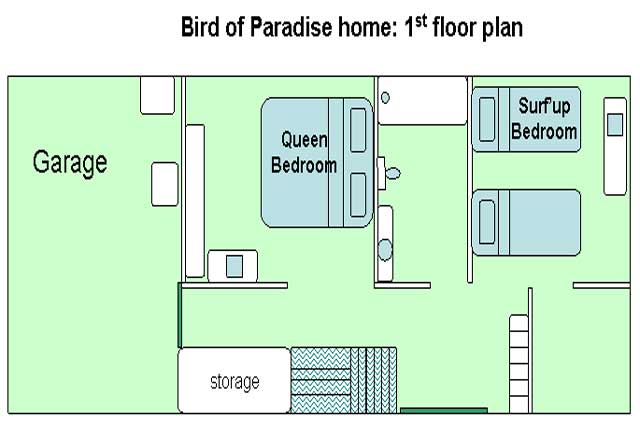 1st floor floorplan (Queen bedroom & Surf's up room), kwhy vacation rentals