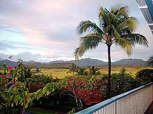 Crater view before Sunset at Lanai: Poipu Kauai vacation rental home Lanai