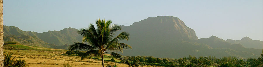 Panoramic majestic Haupu mountain ranges views during runrise from our vacation rental home in Poipu Kauai